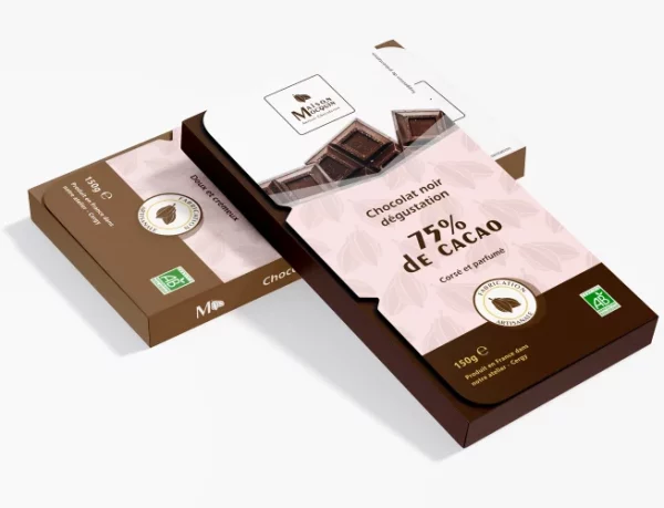 Packaging Tablette chocolat noir cacao 75% dégustation artisan chocolatier Cergy Pontoise